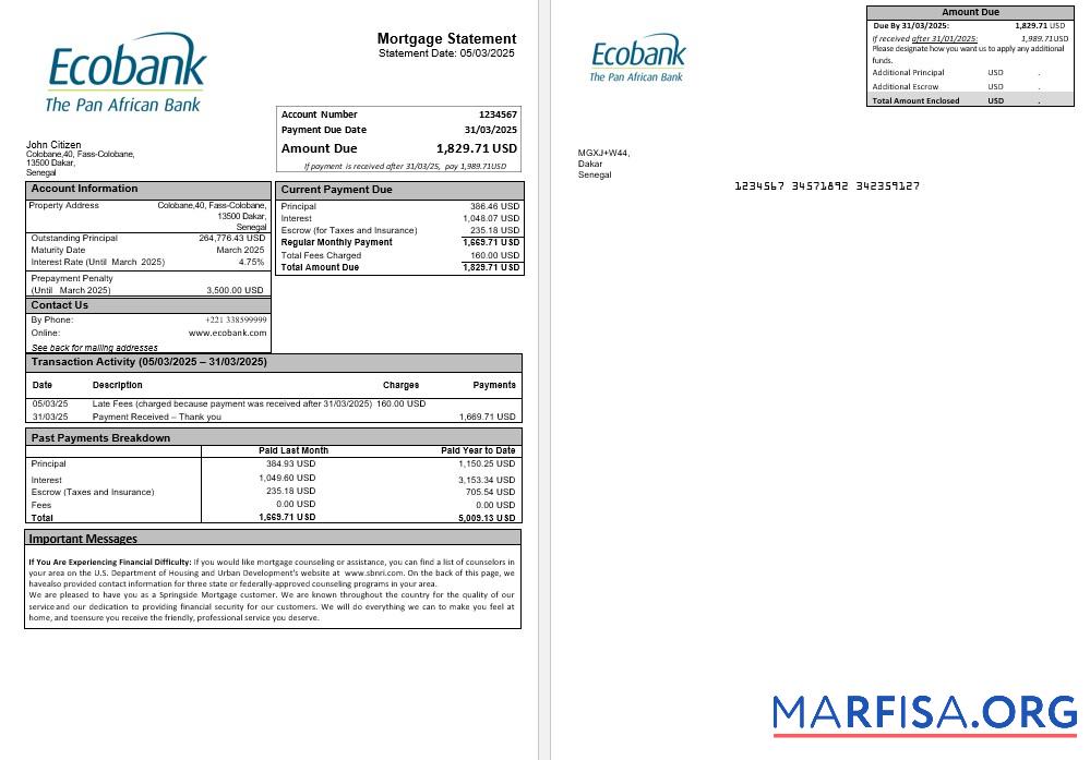 Downloadable Senegal Ecobank mortgage statement in Word and PDF formats sample